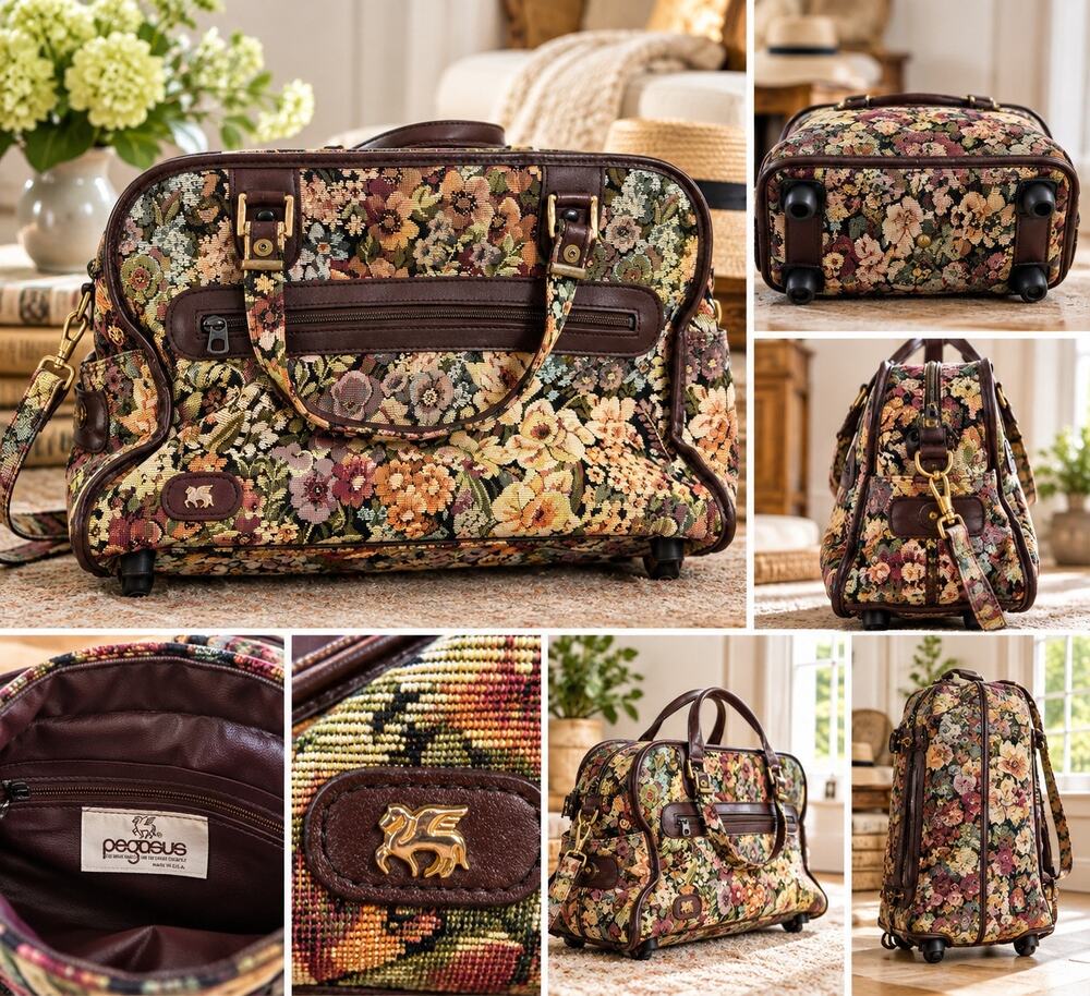 Vintage Pegasus Floral Tapestry Rolling Carry On Travel Bag Made USA